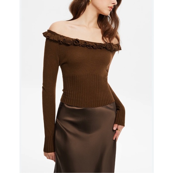 Commense Chocolate Off-Shoulder Sweater - Picture 1 of 9
